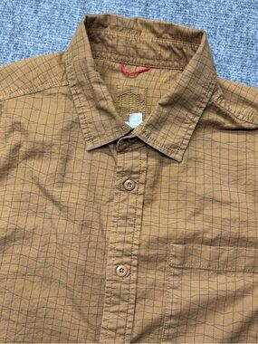 Topo Designs Shirt Mens XL Brown Striped Hiking Short Sleeve Button Up